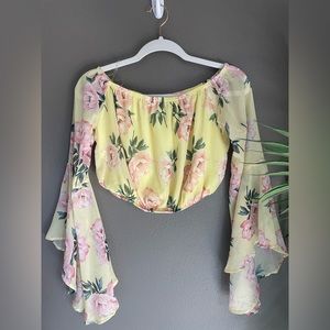 Charlotte Russe Yellow Floral Long-Sleeve Crop Top - [NWT]